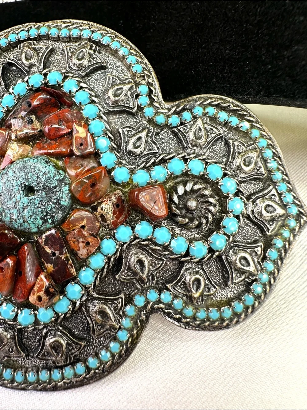 Leatherock Black leather handcrafted artisan buckle turquoise-style cabochons